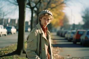 a young man in a trench coat standing on the side of the road generative ai photo