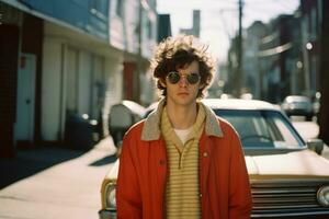 a young man in an orange jacket and sunglasses standing in front of a yellow car generative ai photo