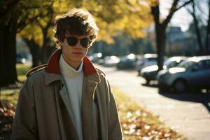 a young man in sunglasses and a trench coat standing on a street generative ai photo