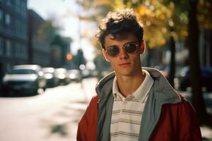 a young man in sunglasses standing on a city street generative ai photo