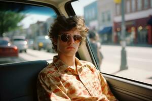 a young man in sunglasses sitting in the back seat of a car generative ai photo