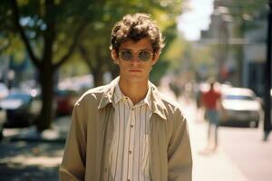 un joven hombre en Gafas de sol en pie en un ciudad calle generativo ai foto