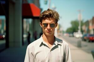 a young man in sunglasses standing on a city street generative ai photo