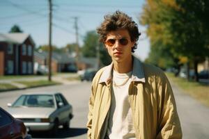 a young man in sunglasses standing on the side of the road generative ai photo