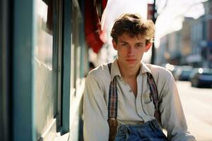 a young man in suspenders sitting on a bench generative ai photo