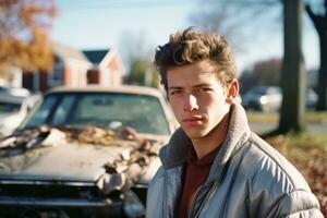 a young man is standing in front of a car generative ai photo