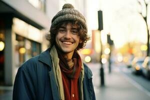 a young man is smiling while standing on the street generative ai photo