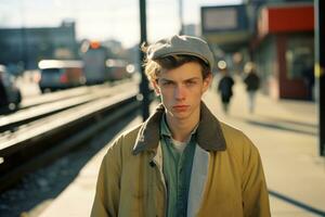 a young man is standing in front of a train station generative ai photo