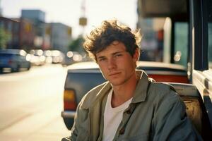 a young man sitting on a bench in front of a car generative ai photo