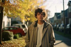 a young man standing in the middle of a street generative ai photo