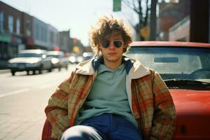 a young man sitting on the side of a red car generative ai photo