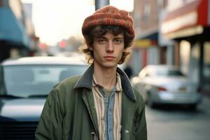 a young man wearing a hat and jacket standing in front of a car generative ai photo