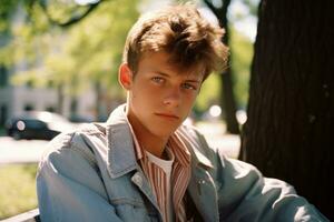 a young man sitting on a park bench generative ai photo