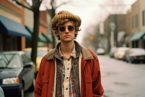 a young man wearing a hat and jacket standing on a street generative ai photo