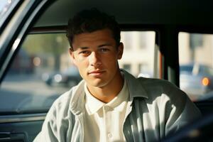 a young man sitting in the drivers seat of a car generative ai photo