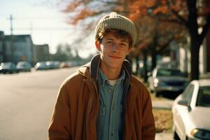 a young man wearing a beanie and jacket standing on a street generative ai photo