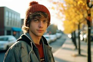 a young man wearing a beanie and jacket standing on a street generative ai photo