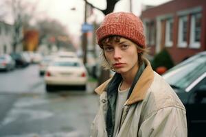 a young man wearing a hat and jacket standing on the street generative ai photo