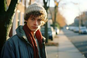 a young man wearing a beanie and scarf standing on a street generative ai photo