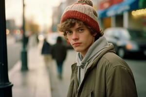 a young man wearing a beanie and jacket standing on a city street generative ai photo