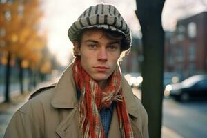 a young man wearing a hat and scarf standing on a street generative ai photo