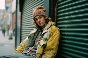 a young man wearing a hat and jacket sitting on the sidewalk generative ai photo
