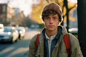 un joven hombre vistiendo un gorro y chaqueta en pie en el calle generativo ai foto