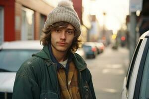 a young man wearing a beanie standing on a city street generative ai photo