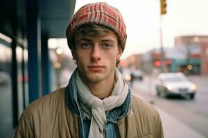 a young man wearing a hat and scarf on the street generative ai photo