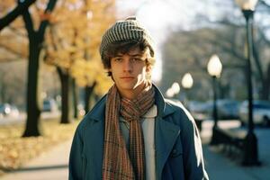 a young man wearing a hat and scarf standing on a street generative ai photo
