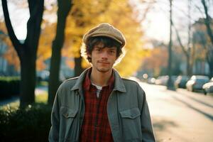 a young man wearing a hat and plaid shirt standing on a street generative ai photo