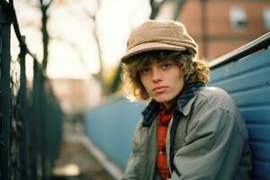 a young man wearing a hat sitting on a bench generative ai photo