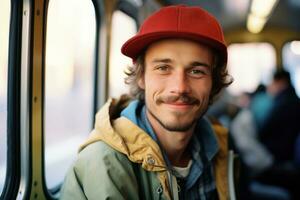 un joven hombre vistiendo un rojo sombrero en un tren generativo ai foto