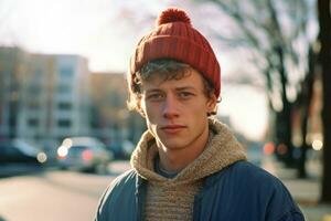 a young man wearing a red beanie on the street generative ai photo