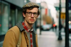 a young man wearing glasses and a hat on a city street generative ai photo