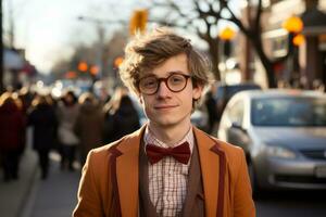 a young man wearing glasses and a bow tie standing in the middle of a busy street generative ai photo