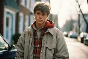 a young man wearing a jacket and plaid shirt standing on a street generative ai photo