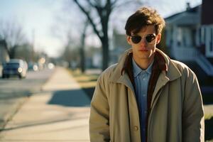 a young man wearing sunglasses and a coat standing on a street generative ai photo