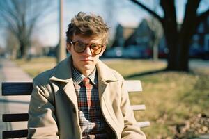 un joven hombre vistiendo lentes se sienta en un parque banco generativo ai foto