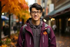 a young man wearing glasses and a maroon jacket generative ai photo