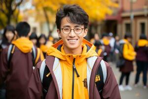 a young man wearing glasses and a yellow and brown jacket generative ai photo