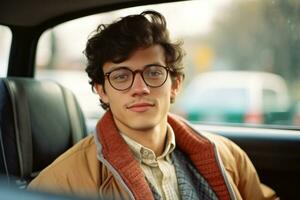 a young man wearing glasses sitting in the back seat of a car generative ai photo