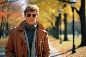 a young man wearing sunglasses and a coat in an autumn park generative ai photo