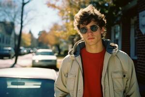 un joven hombre vistiendo Gafas de sol y un chaqueta en pie en frente de un coche generativo ai foto