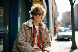 a young man wearing sunglasses and a jacket sitting on the sidewalk generative ai photo