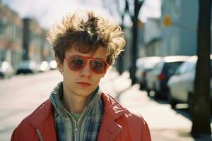 a young man wearing sunglasses and a red jacket standing on a street generative ai photo