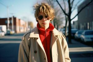 a young man wearing sunglasses and a coat standing on a street generative ai photo