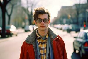 a young man wearing sunglasses and a red jacket on a city street generative ai photo