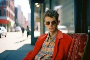 a young man wearing sunglasses and a red coat sitting on a bench generative ai photo
