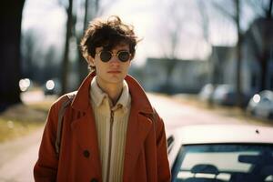 a young man wearing sunglasses and an orange coat standing in front of a car generative ai photo
